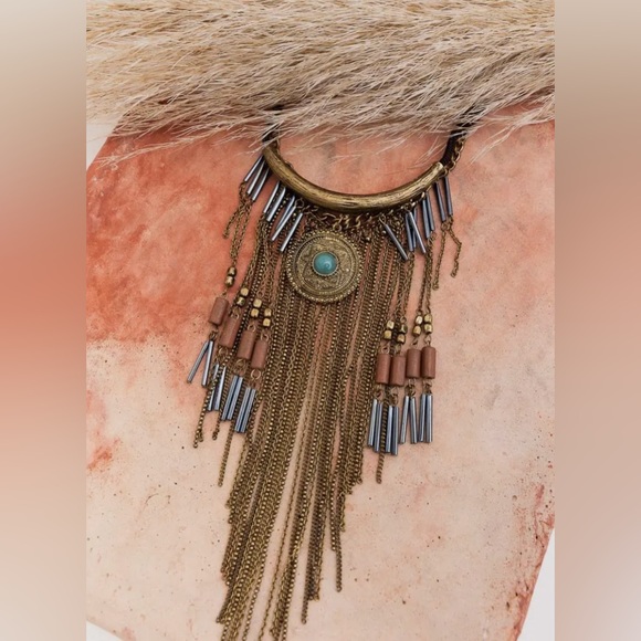 Antique Gold Turquoise Fringe Necklace – Handcrafted Boutique Jewelry from India - Picture 4 of 4